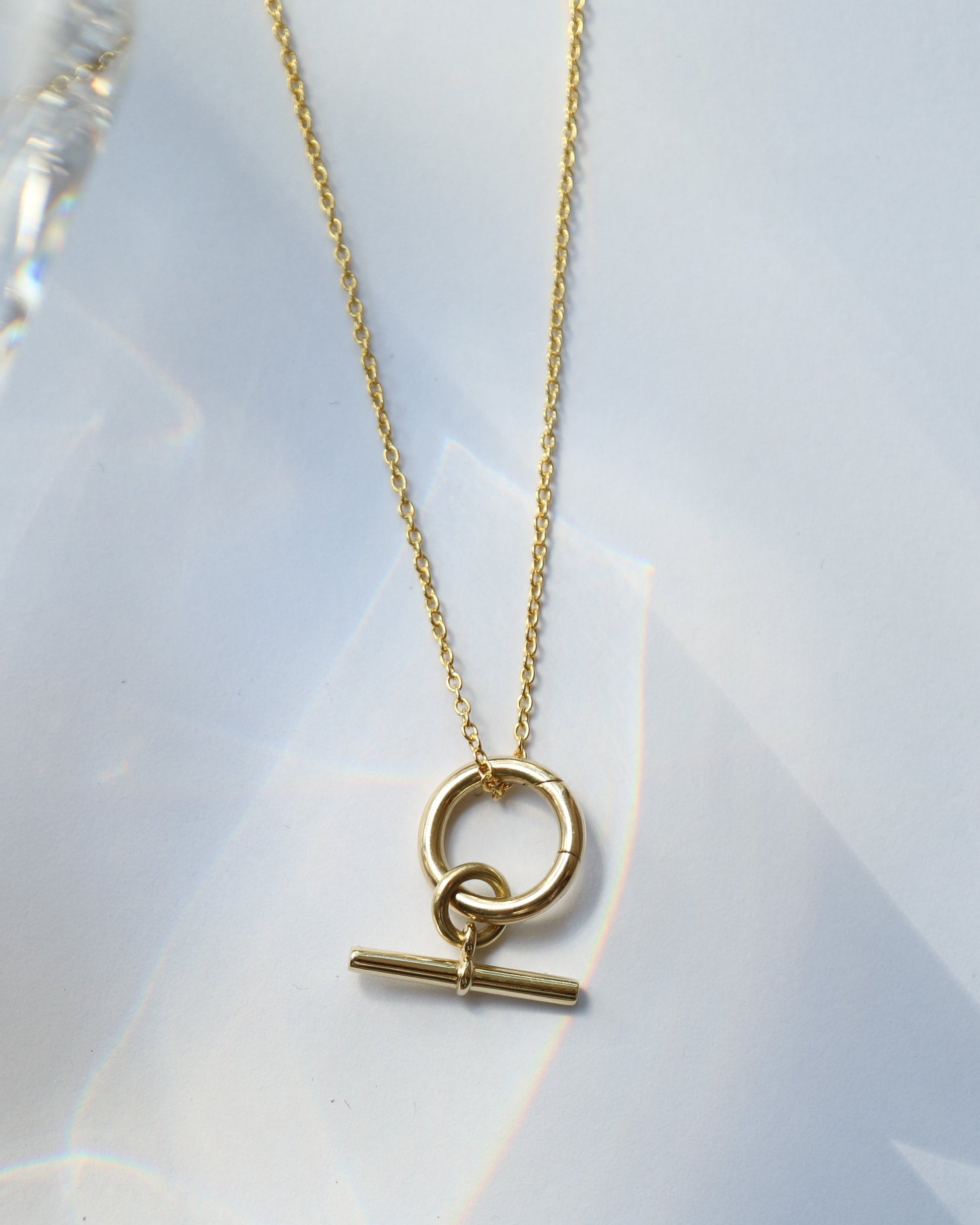 Gold necklace with a round pendant on a white background