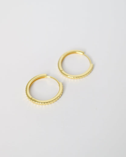 Pair of gold hoop earrings on a light gray background