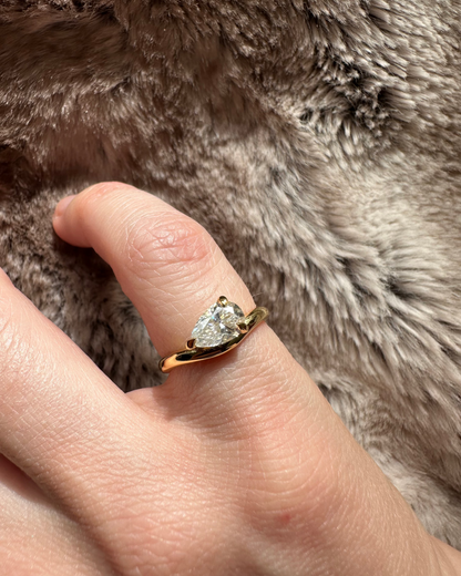 Hand wearing a rose gold ring with a heart-shaped diamond on fur fabric
