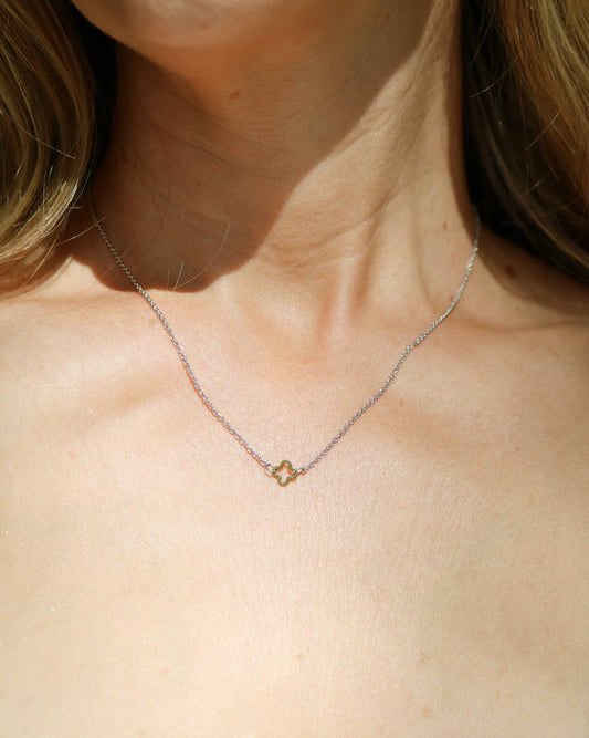 A close-up of a woman's neck and upper chest wearing a delicate silver chain necklace with a small gold geometric pendant.