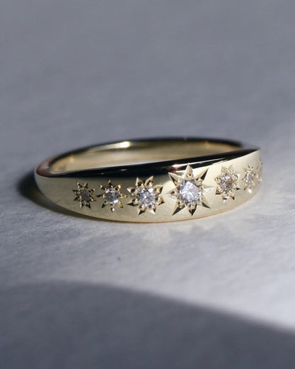 Gold ring with diamond accents on a gray background