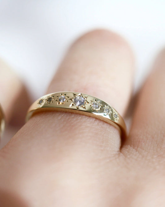 Gold ring with embedded diamonds on a finger against a white background
