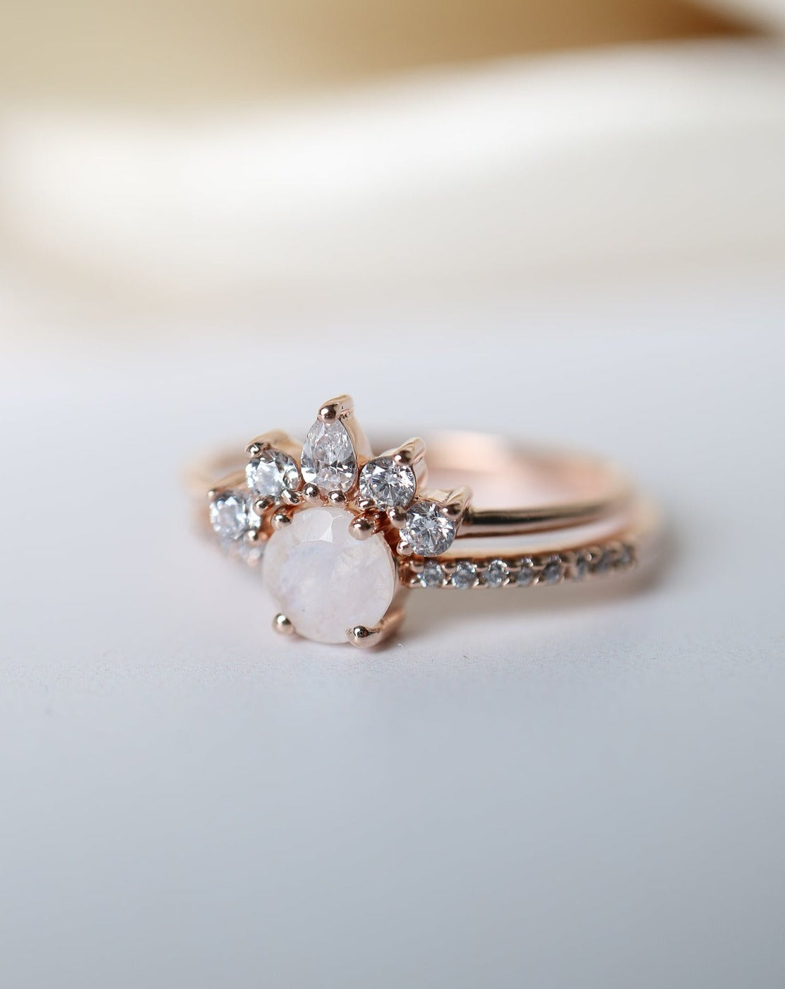Rose Gold-Plated Rainbow Moonstone & Topaz Dancing Fairy Ring Set