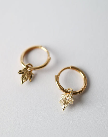 9ct gold Huggie Earrings with vine leaf charms