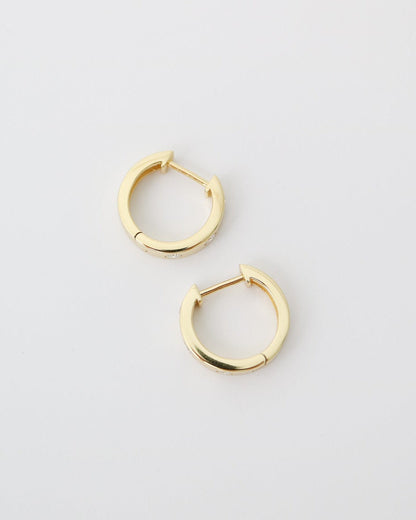Pair of gold hoop earrings on a light gray background