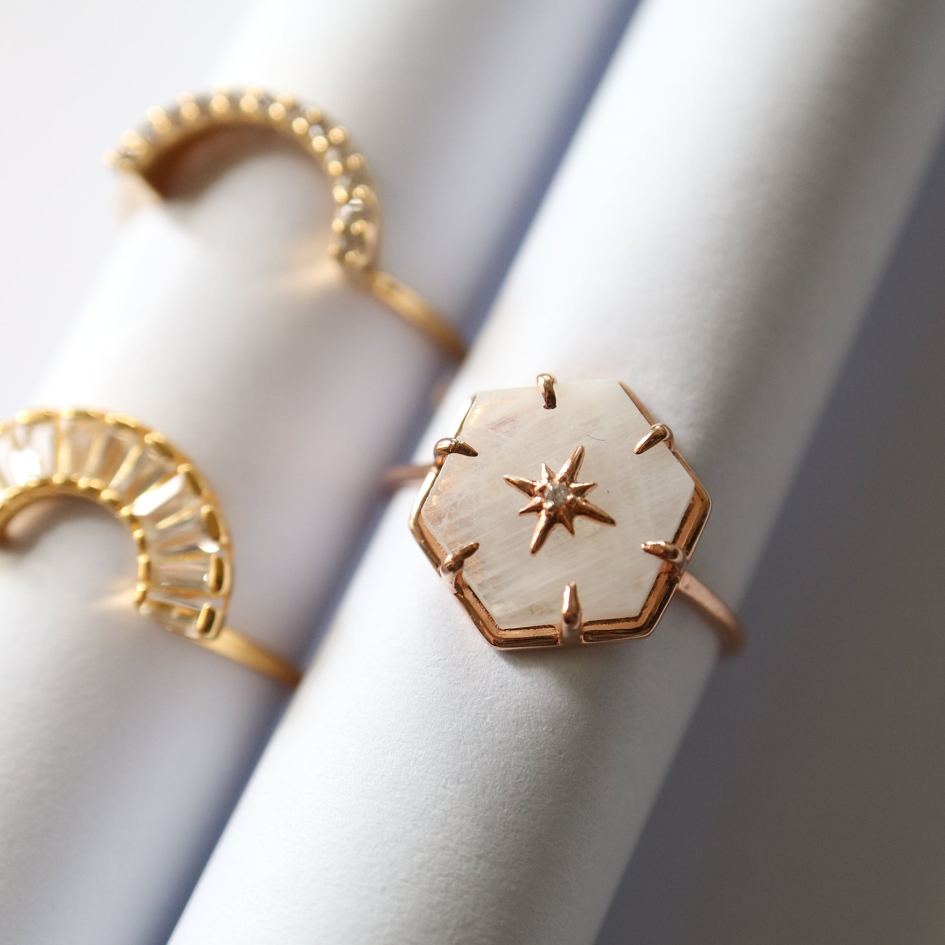 Rose gold star studded rainbow moonstone ring by La Kaiser Jewellery