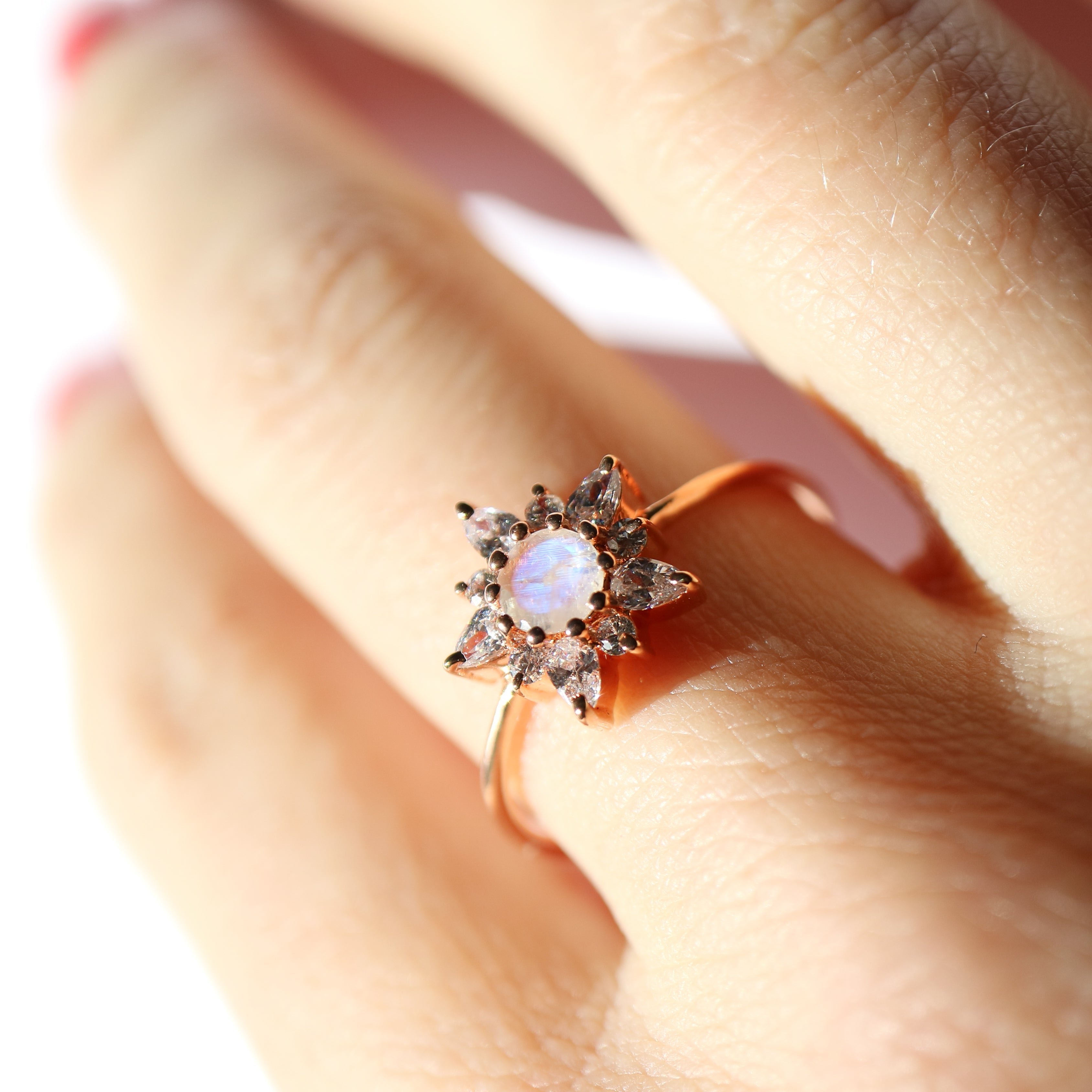 Rose gold rainbow moonstone on sale ring