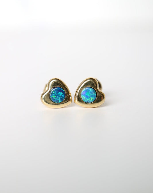 14ct gold and Australian Opal Heart Studs Earrings