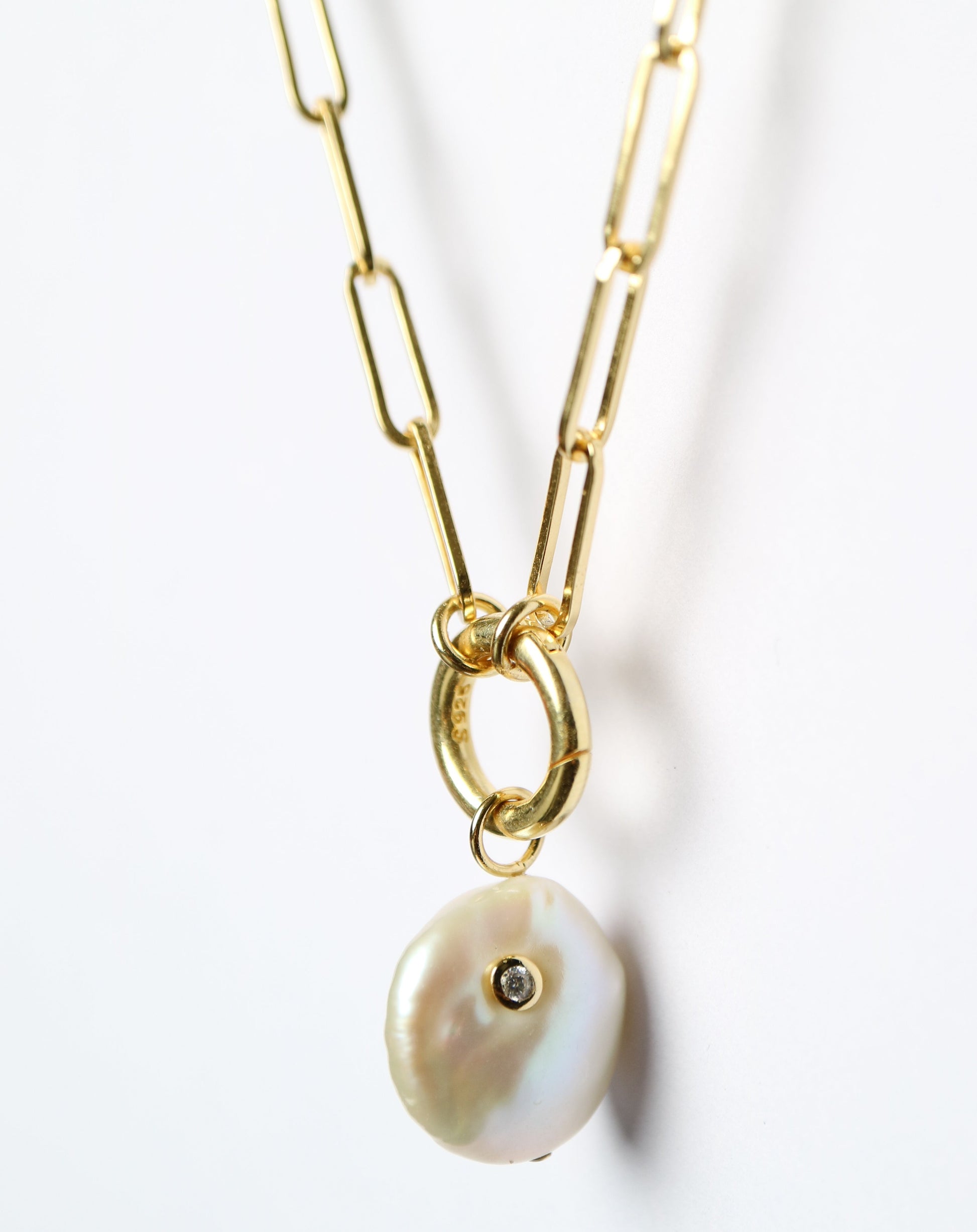 Gold Paperclip Necklace with pearl charm