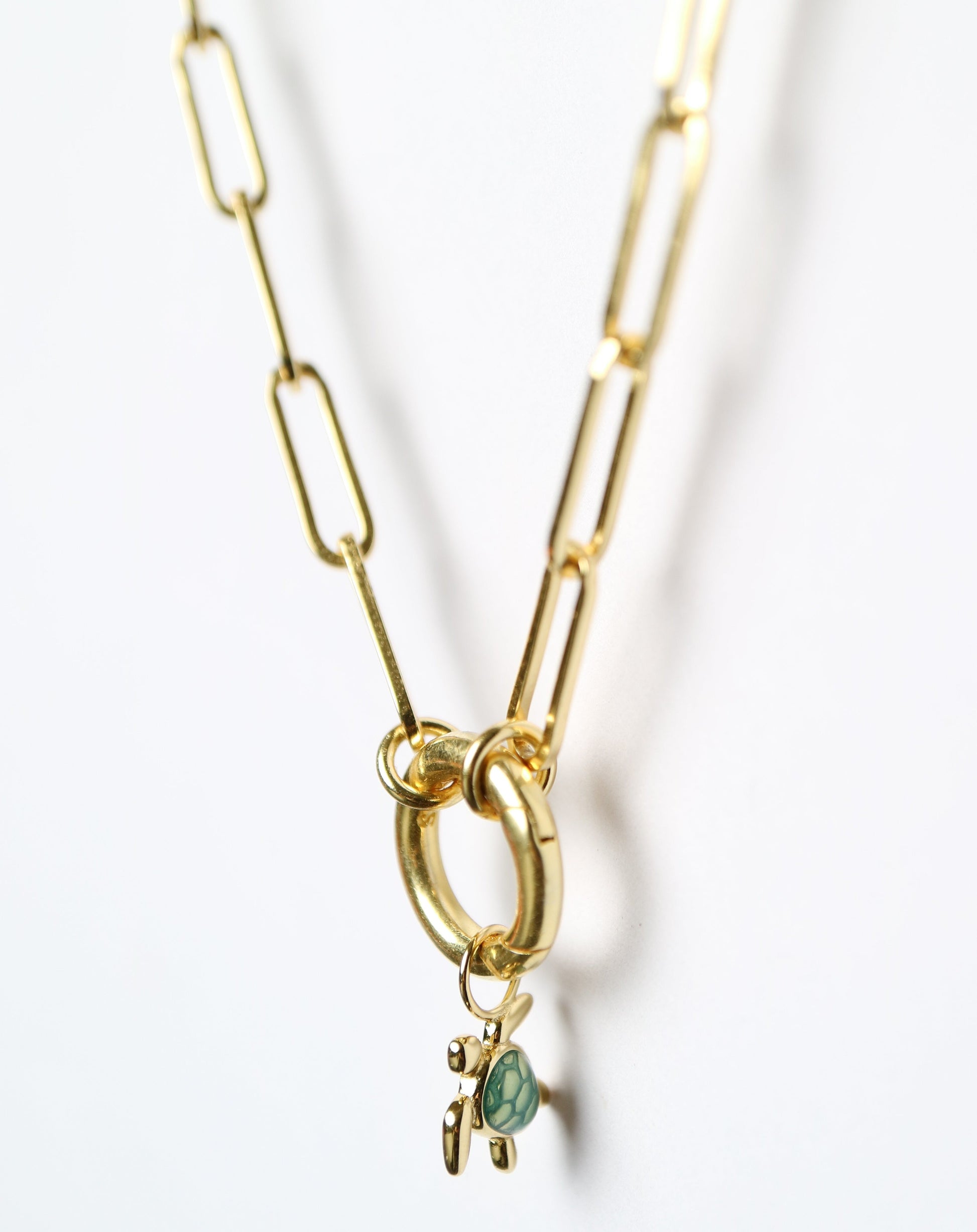Gold Paperclip Necklace with turtle charm