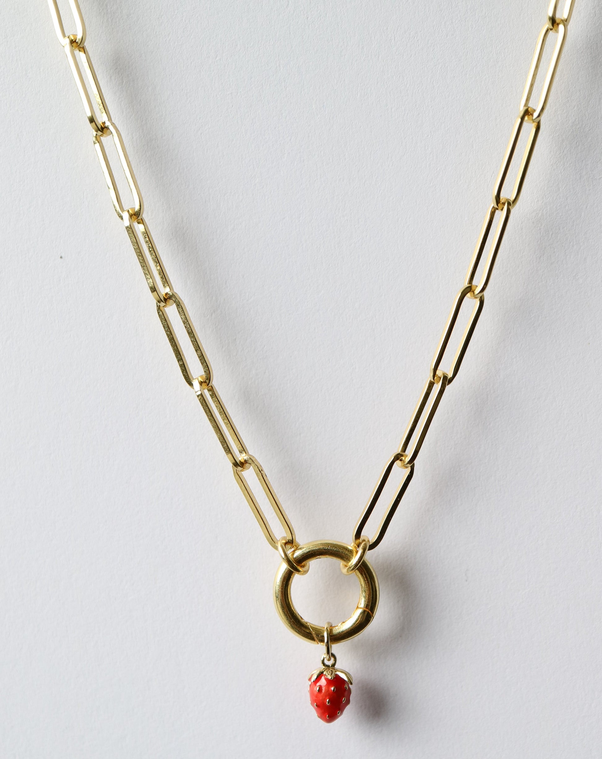 Gold Paperclip Necklace with strawberry charm