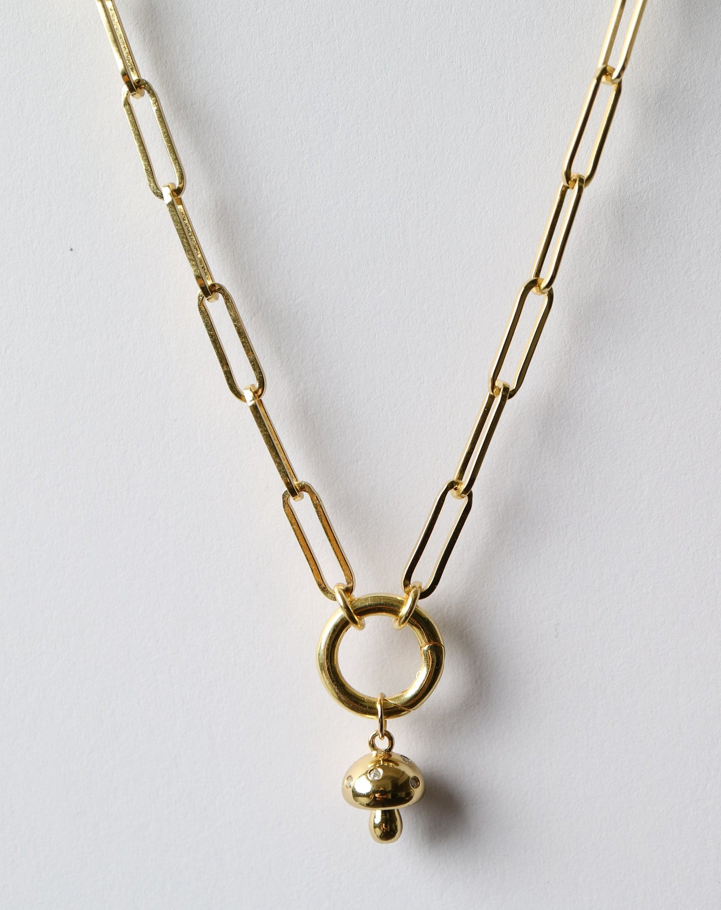 Gold Paperclip Necklace with mushroom charm