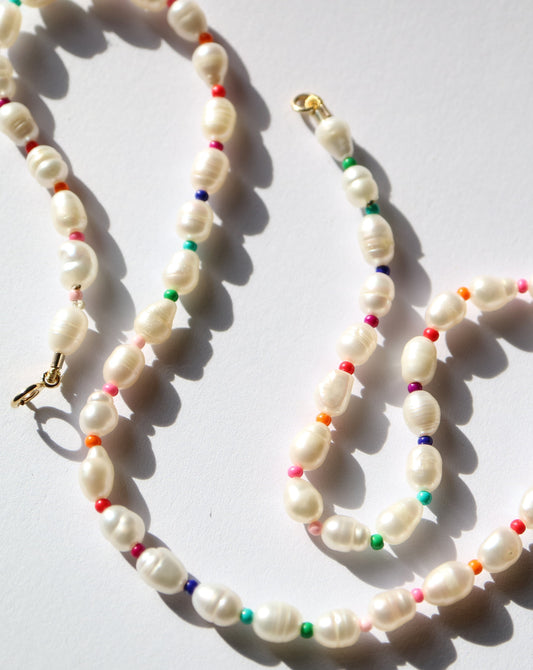 Freshwater pearl and colourful seed bead necklace by Collective & Co jewellery
