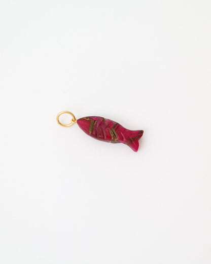 Scarlet Koi Charm featuring a hand-carved pink Mohave turquoise fish pendant with sterling silver detailing.