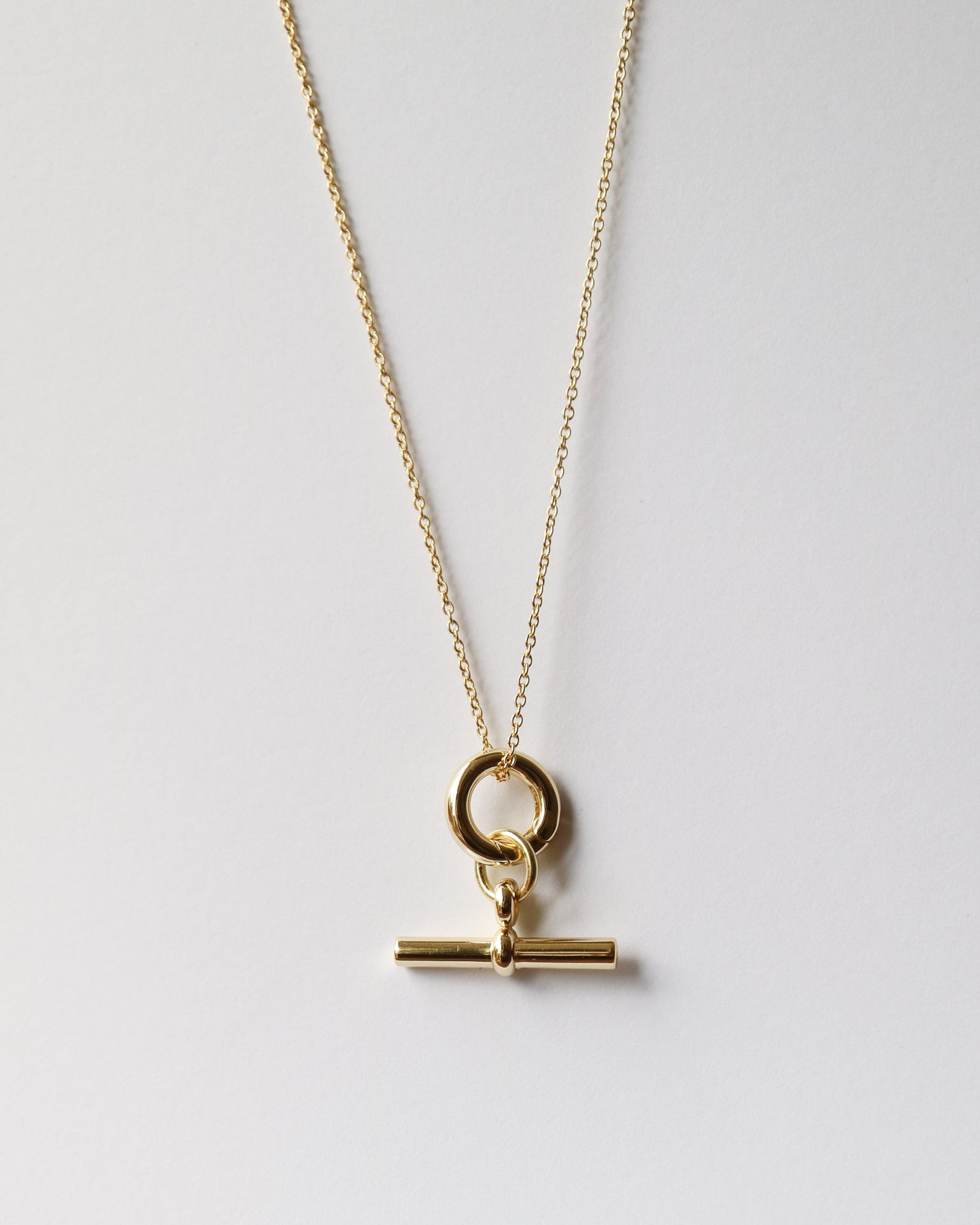 Gold necklace with a clasp on a light gray background