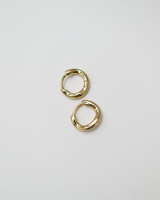 Pair of gold hoop earrings on a light gray background