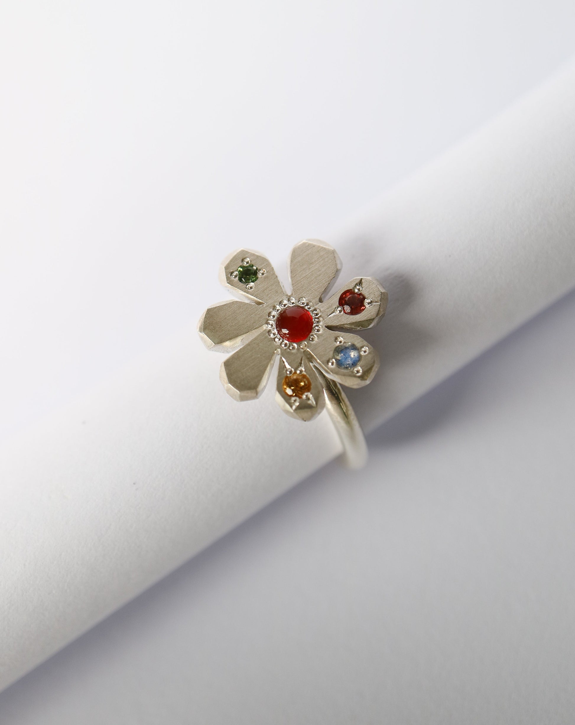 Zadie Remarco Stargazer Flower Ring in sterling silver with multicoloured gemstones