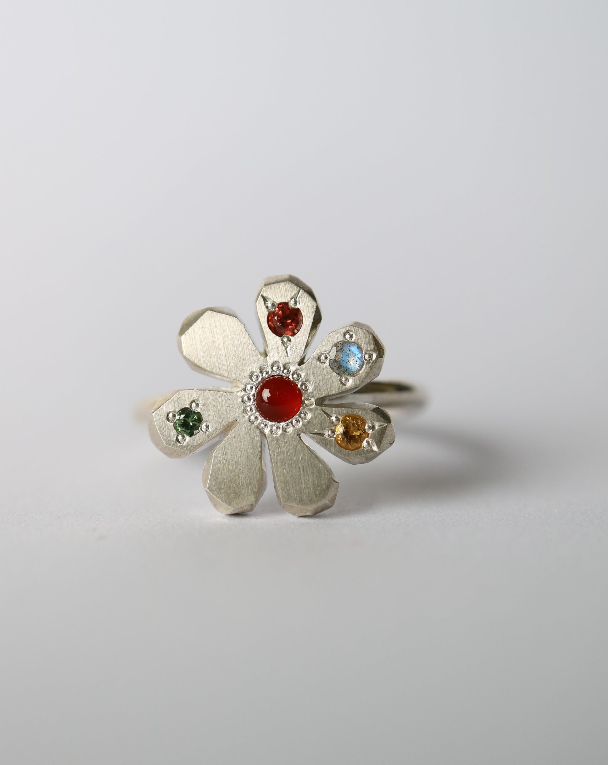 Zadie Remarco Stargazer Flower Ring in sterling silver with multicoloured gemstones