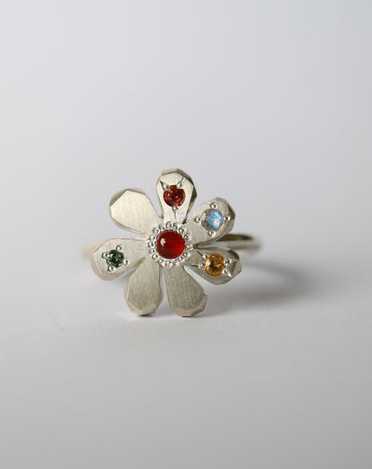 Zadie Remarco Stargazer Flower Ring in sterling silver with multicoloured gemstones