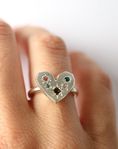 Zadie Remarco Heart Ring in silver with mixed gemstones