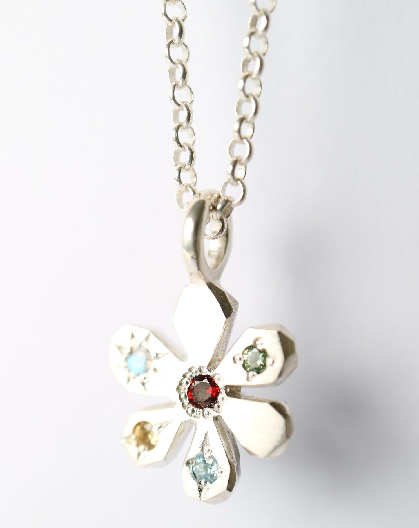 Zadie Remarco Stargazer Flower Pendant in sterling silver with silver chain and coloured gemstones