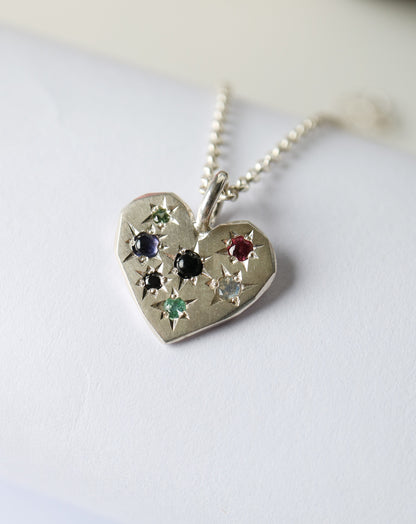 Zadie Remarco Stargazer Large Heart Pendant in sterling silver on silver chain with multicoloured natural gemstones 