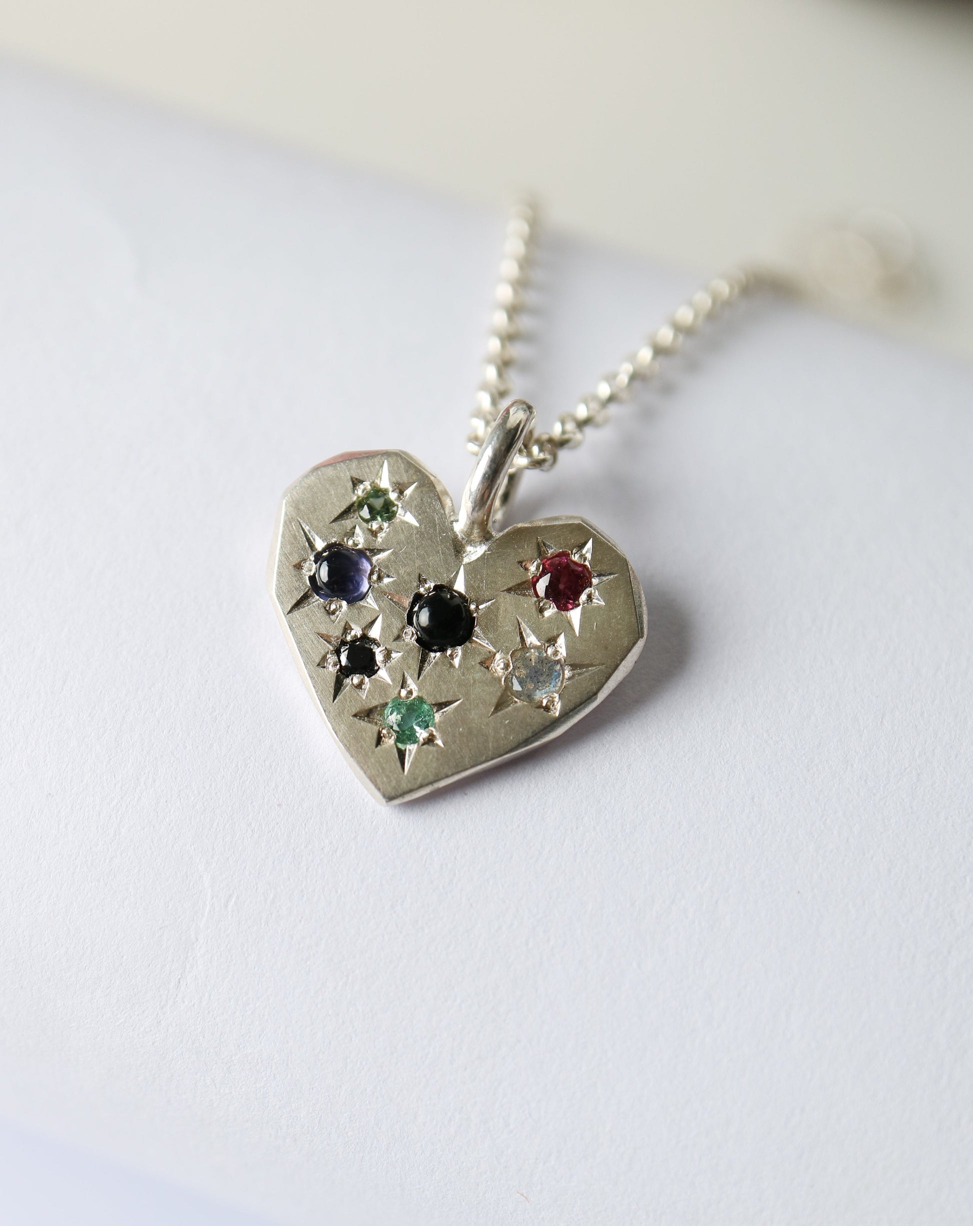 Zadie Remarco Stargazer Large Heart Pendant in sterling silver on silver chain with multicoloured natural gemstones 