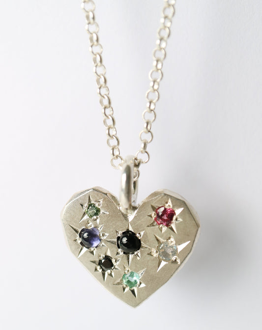 Zadie Remarco Stargazer Large Heart Pendant in sterling silver on silver chain with multicoloured natural gemstones 