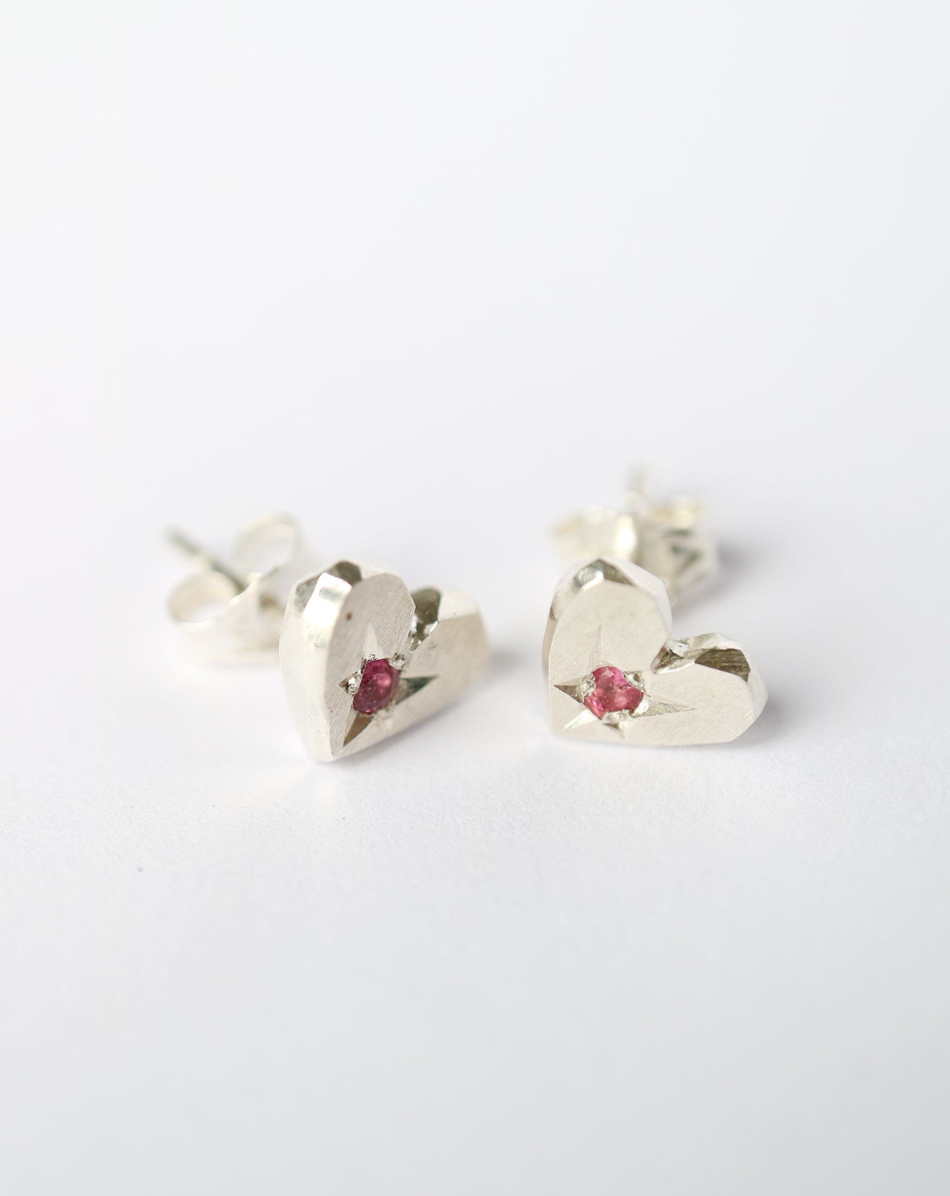 Heart Shaped Stud Earrings in solid sterling silver with pink tourmaline gemstones