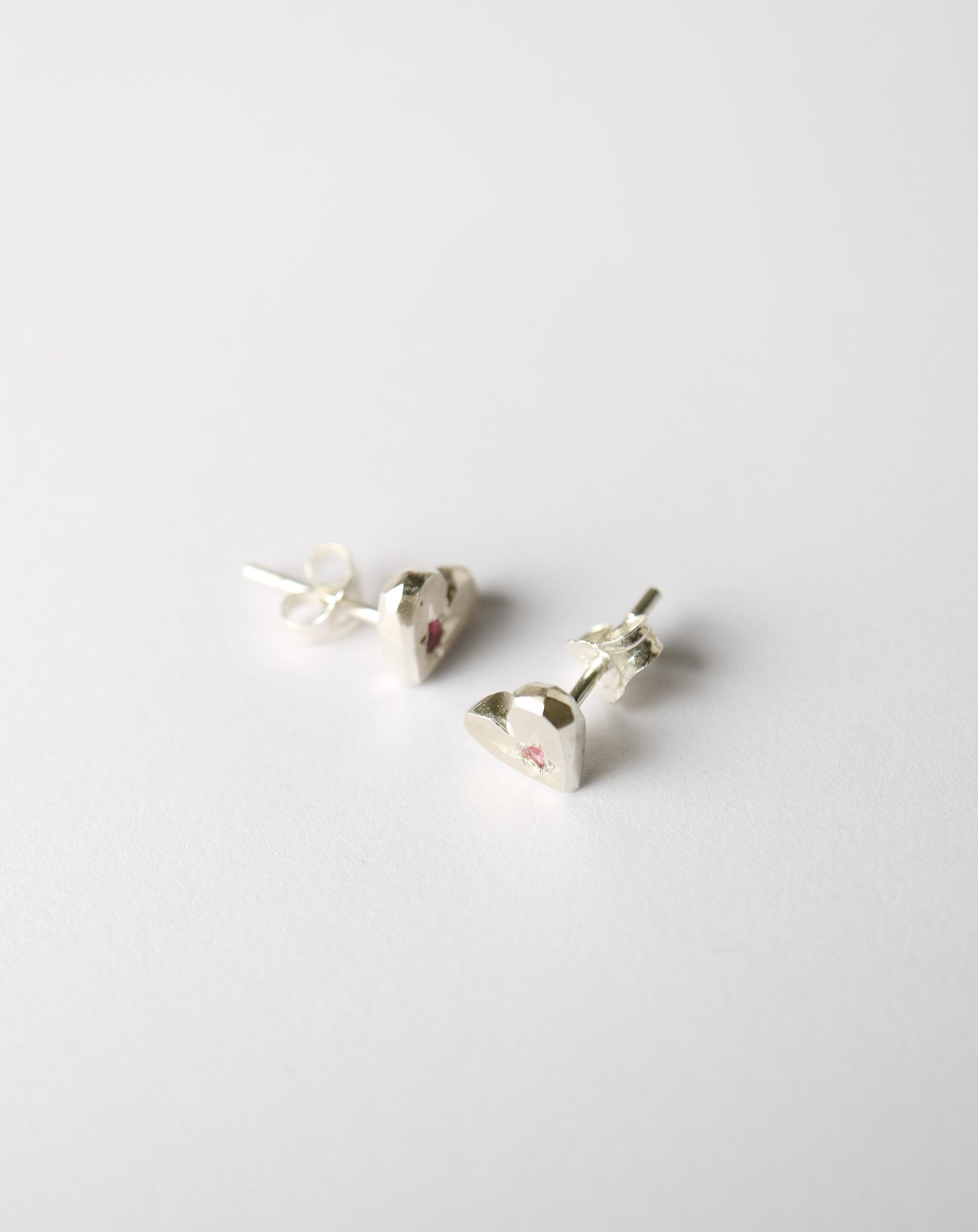 Heart Shaped Stud Earrings in solid sterling silver with pink tourmaline gemstones