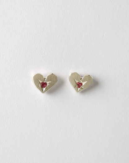 Heart Shaped Stud Earrings in solid sterling silver with pink tourmaline gemstones