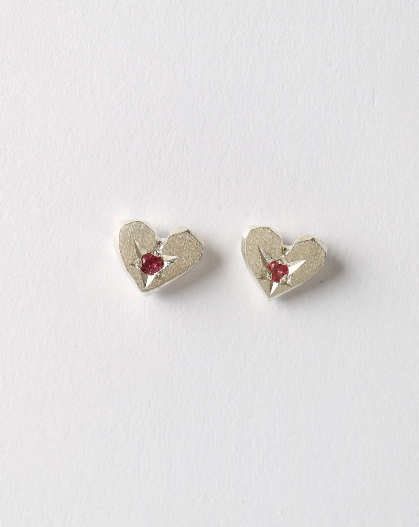 Heart Shaped Stud Earrings in solid sterling silver with pink tourmaline gemstones