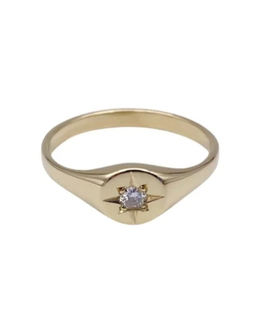 9kt yellow gold diamond star signet ring