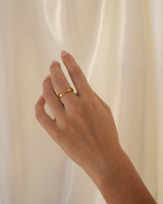 Hand wearing a gold ring on a plain background