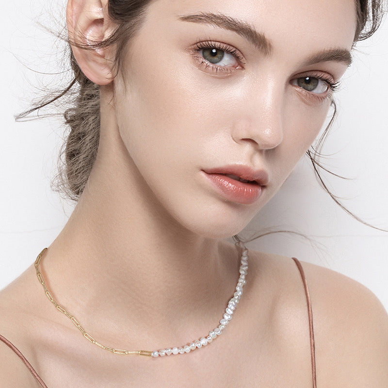 Pearl and Paperclip Necklace on female model