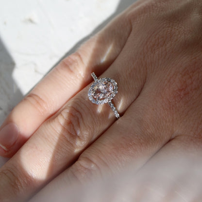 9kt white gold, morganite and diamond halo engagement ring