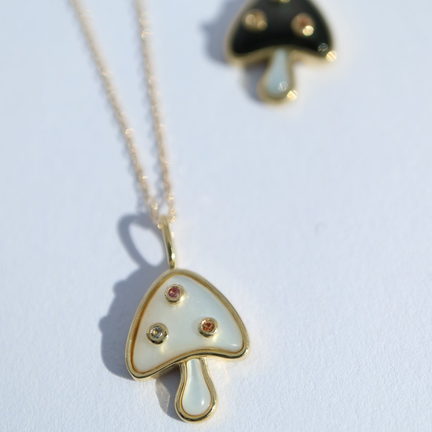 9kt gold, mother-of-pearl, sapphire and aquamarine mushroom pendants