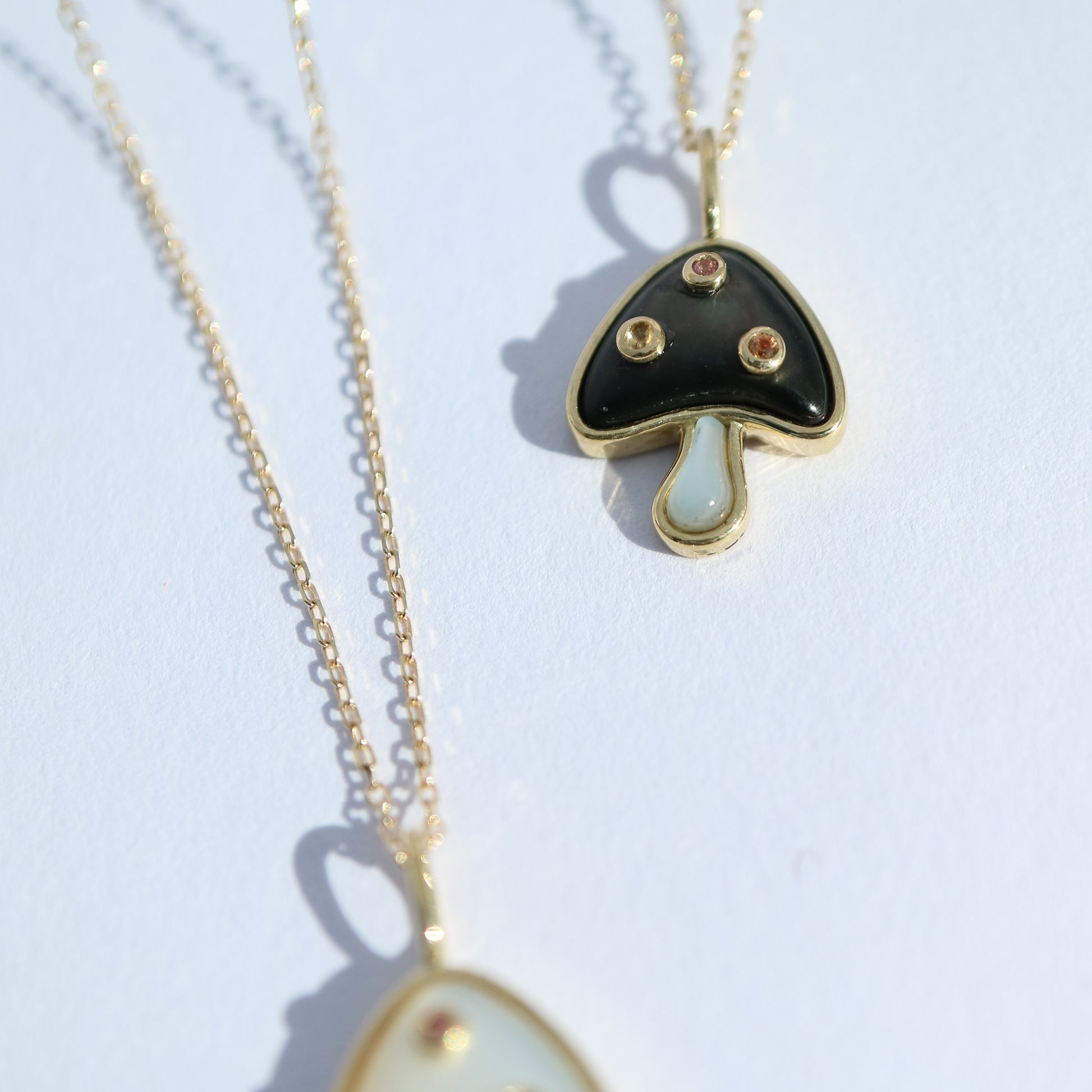 9kt gold, mother-of-pearl, sapphire and aquamarine mushroom pendants