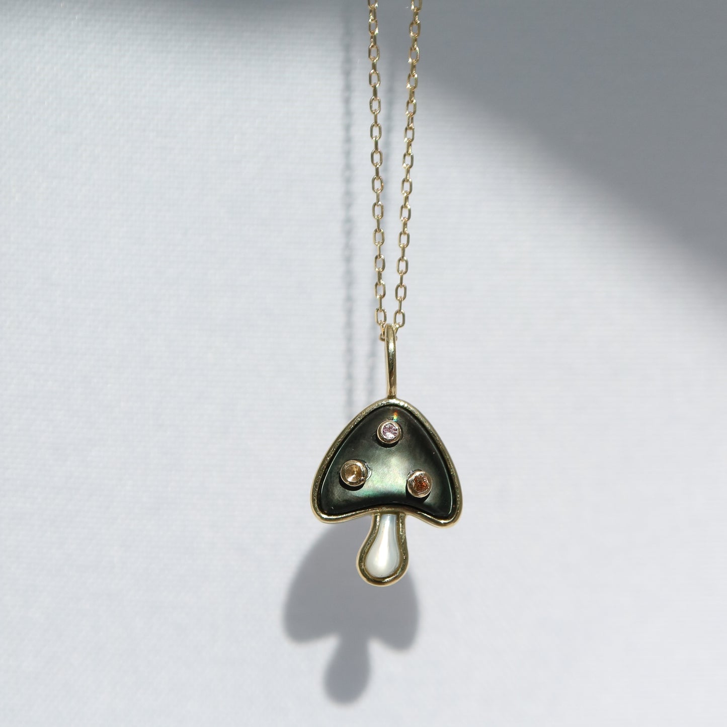 9kt gold, mother-of-pearl, sapphire and aquamarine mushroom pendants