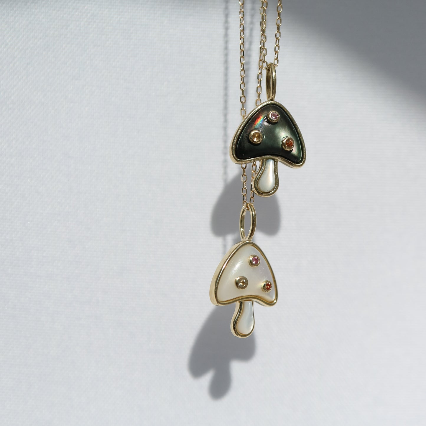 9kt gold, mother-of-pearl, sapphire and aquamarine mushroom pendants