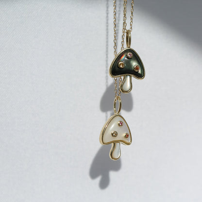 9kt gold, mother-of-pearl, sapphire and aquamarine mushroom pendants