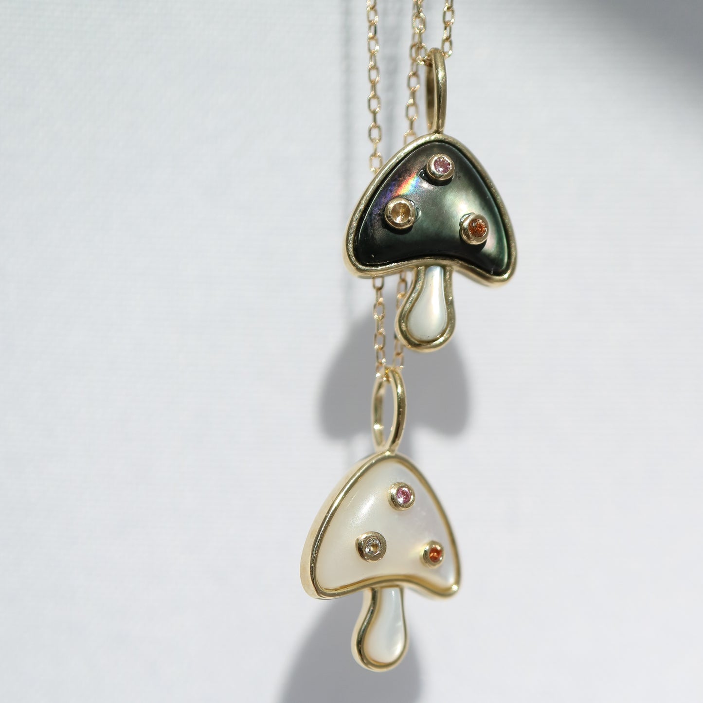 9kt gold, mother-of-pearl, sapphire and aquamarine mushroom pendants