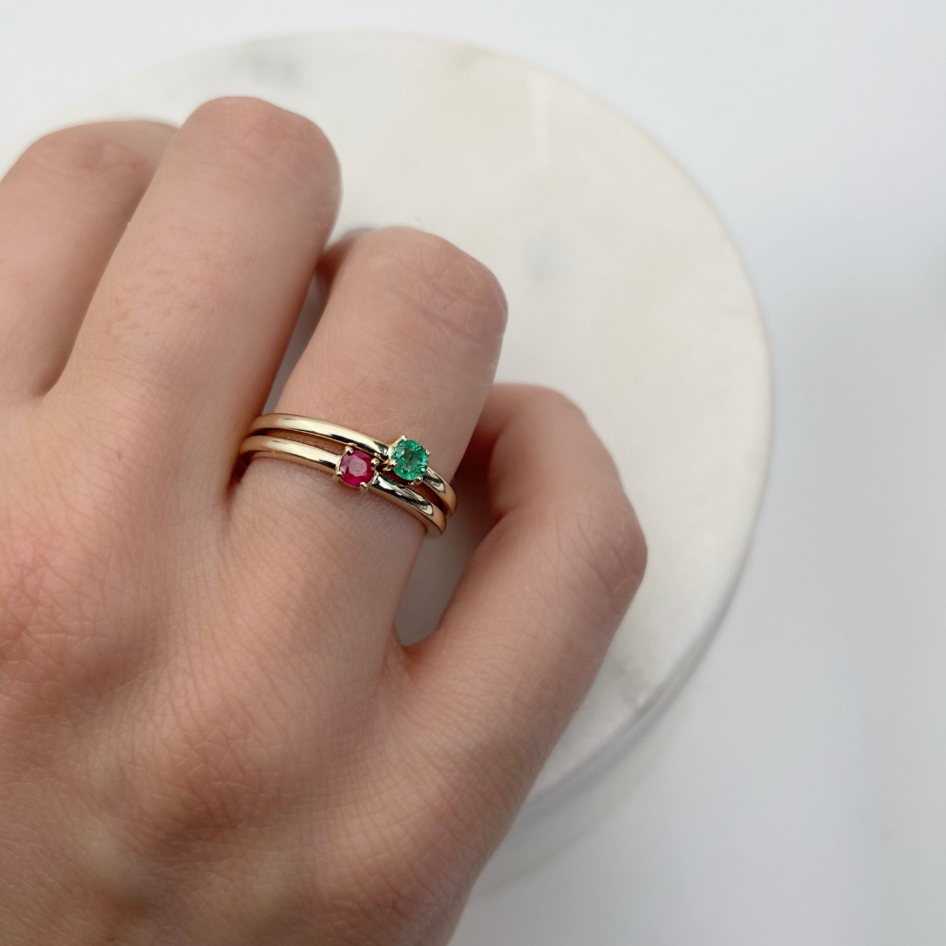 9ct gold stacking rings with ruby and emerald gemstone