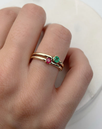 9kt gold stacking rings with ruby and  emerald