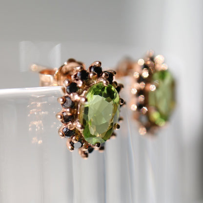 9kt rose gold earrings with peridot and black diamonds