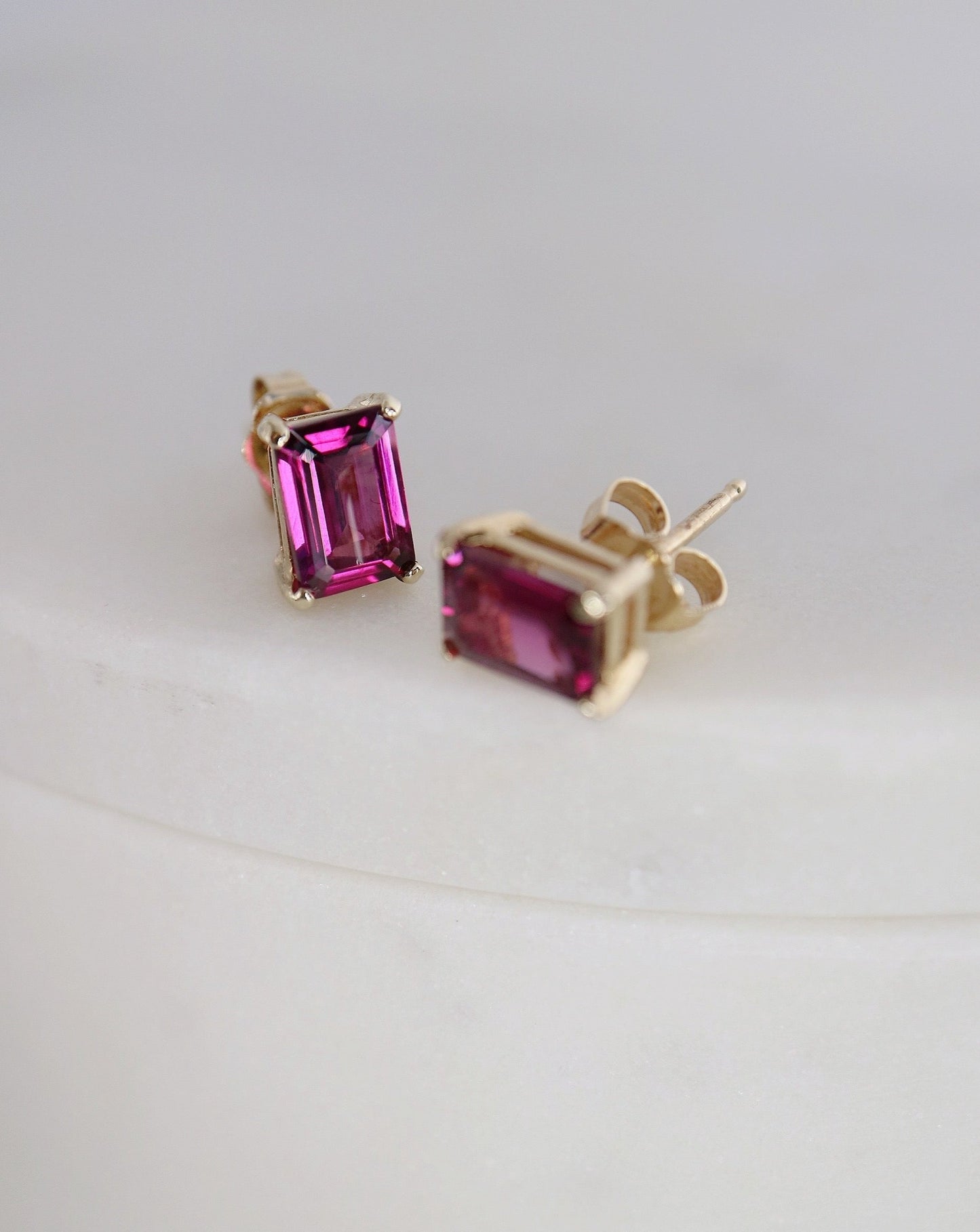 9ct gold Rhodalite baguette stud earrings