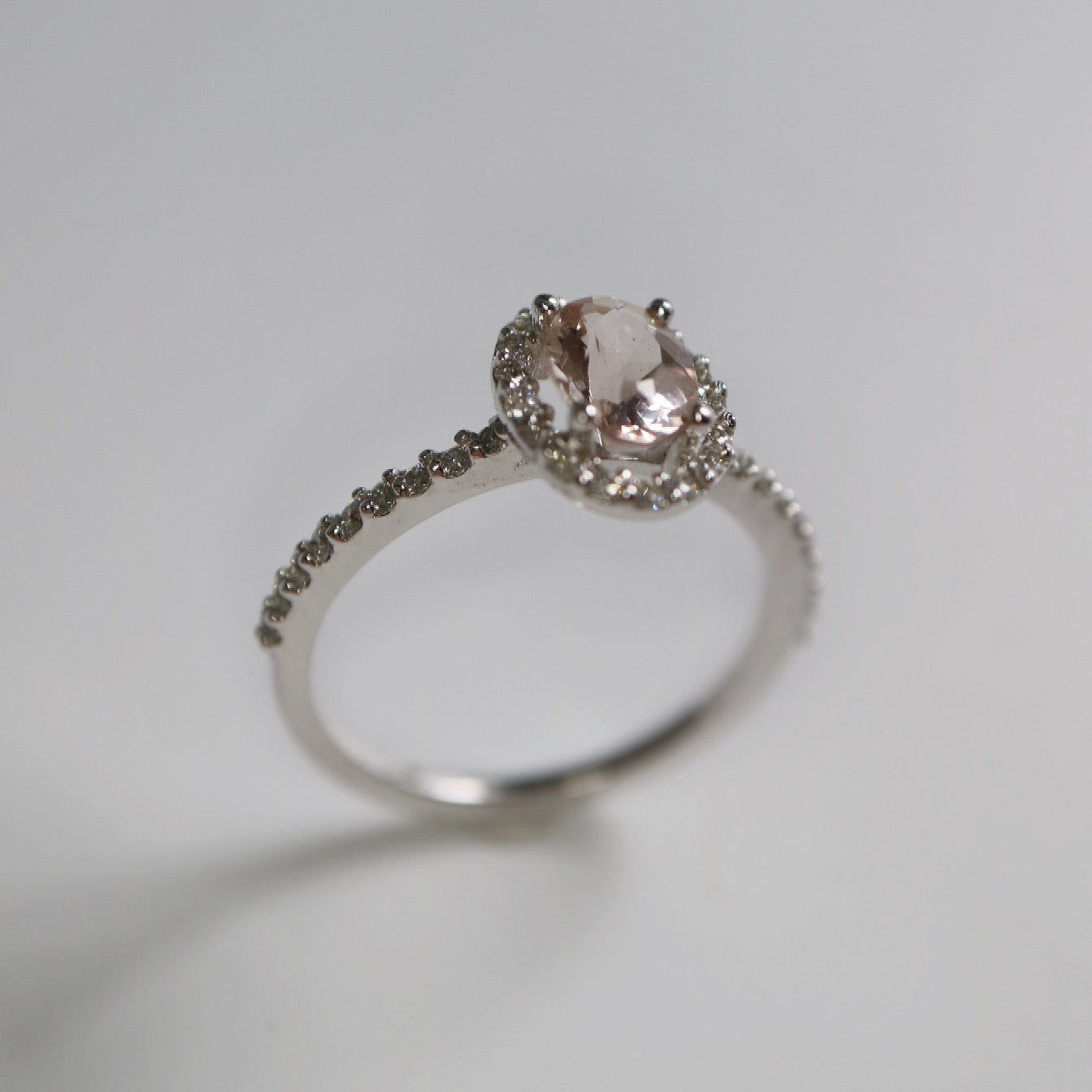 9ct white gold Morganite and Diamond Engagement Ring with halo