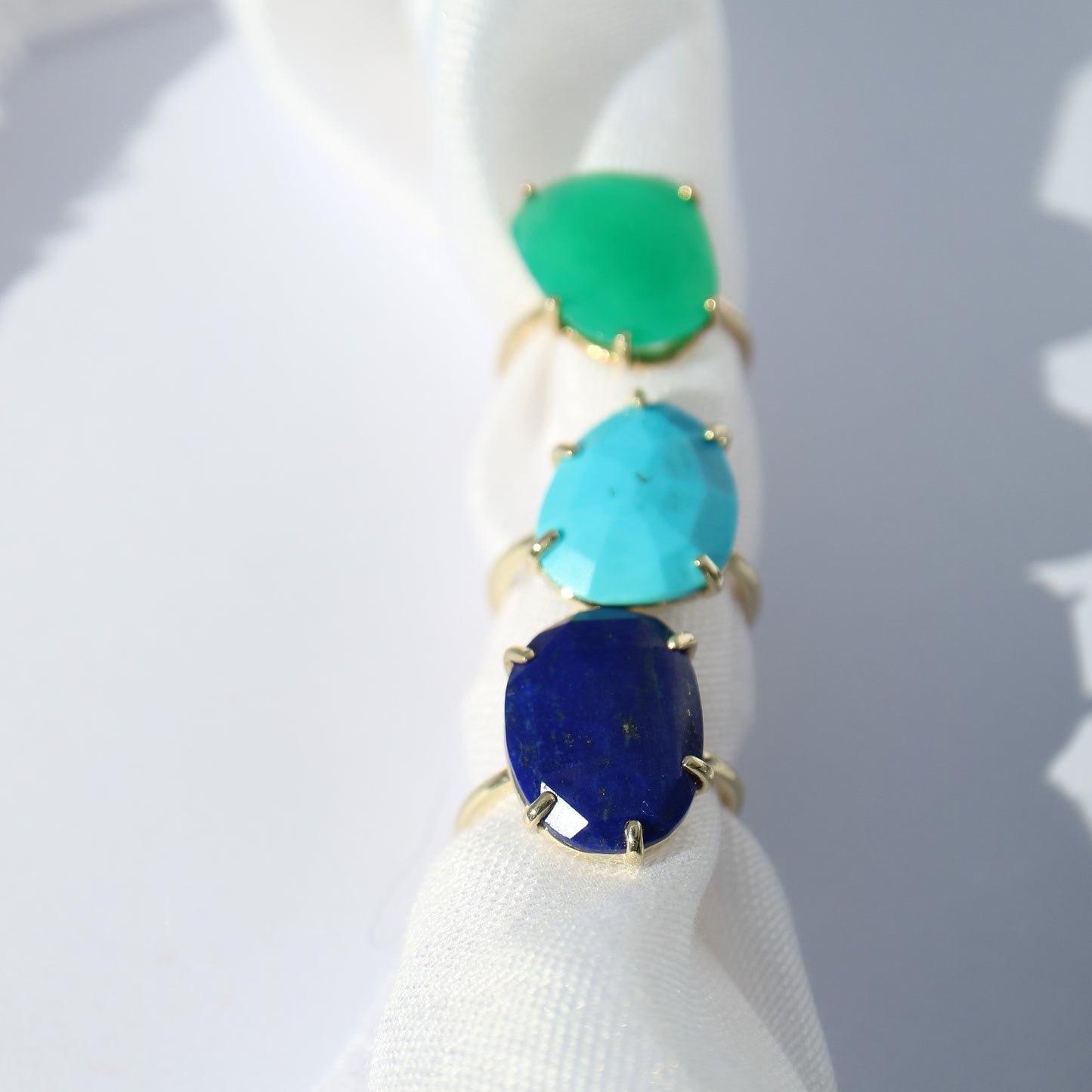 9kt gold Azure Rings with asymmetrical gemstones lapis lazuli, turquoise, chrysoprase