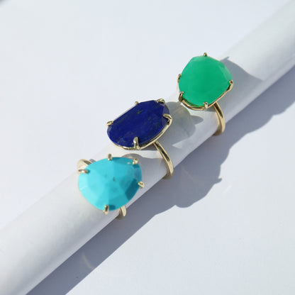 9kt gold Azure Rings with asymmetrical gemstones lapis lazuli, turquoise, chrysoprase