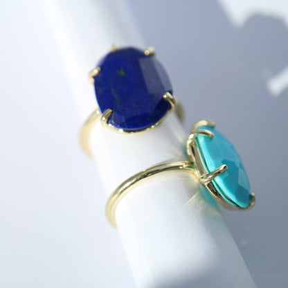 9kt gold Azure Rings with asymmetrical gemstones lapis lazuli, turquoise, chrysoprase